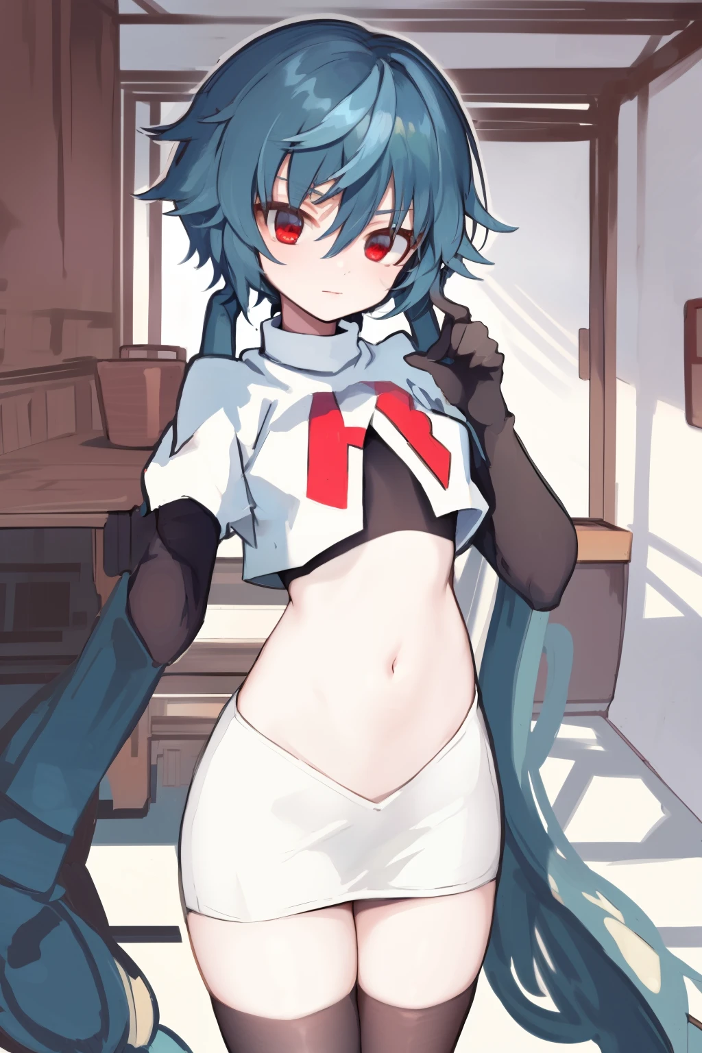 masterpiece, detailed, high quality, absurdres, yuko, 1girl, solo, low twintails, absurdly long hair, small breasts, curvy, looking at viewer, cowboy shot,team rocket,team rocket uniform, red letter R, white skirt,white crop top,black thigh-highs, black elbow gloves,