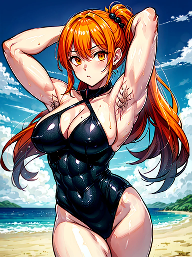 （（（masterpiece、Highest image quality、highest quality、highly detailed unity 8ｋwallpaper）））、（（Illustration of one girl））、（（（beautiful girl）））、（（orange hair、side ponytail、sidelocks：1.4、orange eyes））、（（（stocky build：1.5, thickset physique：1.6, muscular legs, broad shoulders, solid chest：1.5）））、（（（Orange hair、hairy armpits：1.4）））、(armpit hair:1.4)、swimsuit、sandy beach