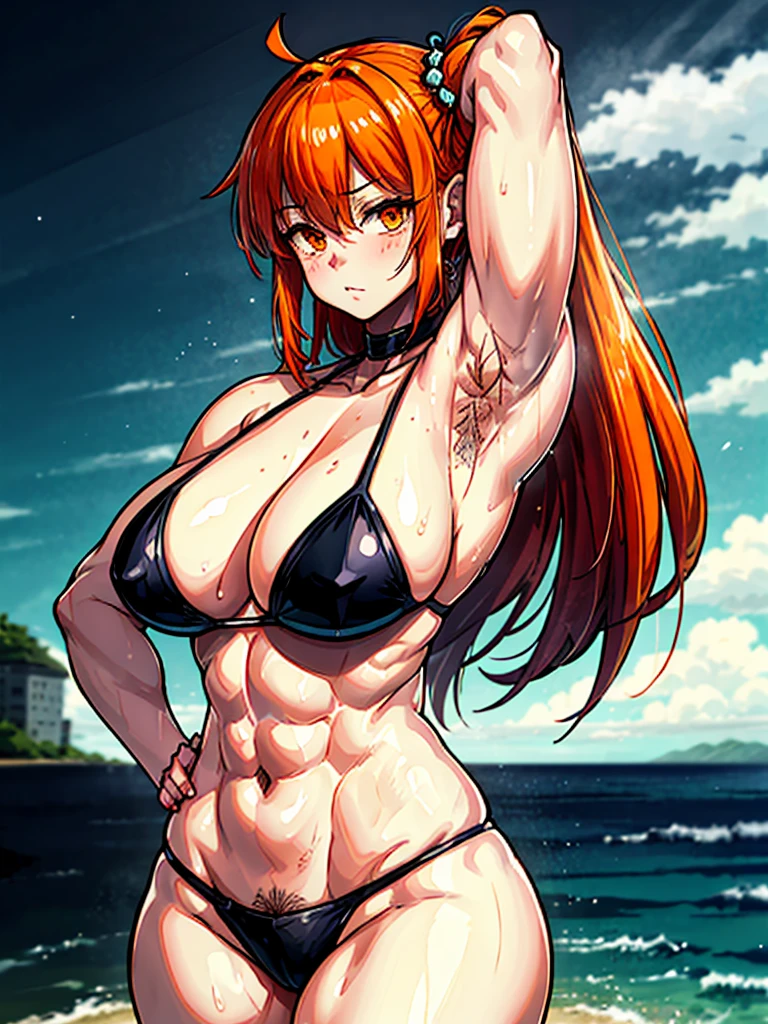 （（（masterpiece、Highest image quality、highest quality、highly detailed unity 8ｋwallpaper）））、（（Illustration of one girl））、（（（beautiful girl）））、（（orange hair、side ponytail、sidelocks：1.4、orange eyes））、（（（stocky build：1.5, thickset physique：1.6, muscular legs, broad shoulders, solid chest：1.5）））、（（（Orange hair、hairy armpits：1.4）））、(armpit hair:1.4)、swimsuit、sandy beach