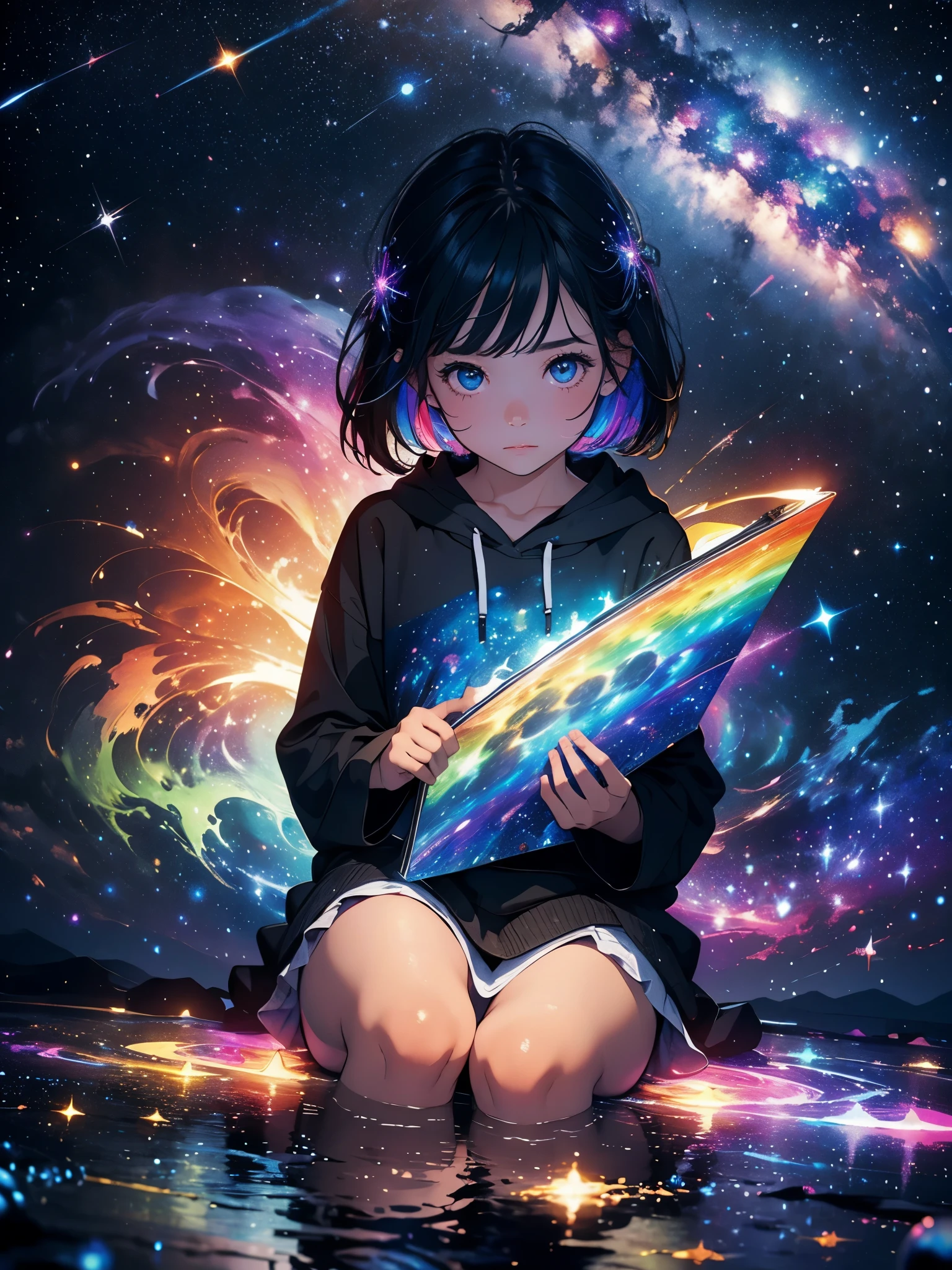 a  sitting in the stars and reading a colored shining book, rainbow colored cosmic nebula sky background, stars, galaxies
