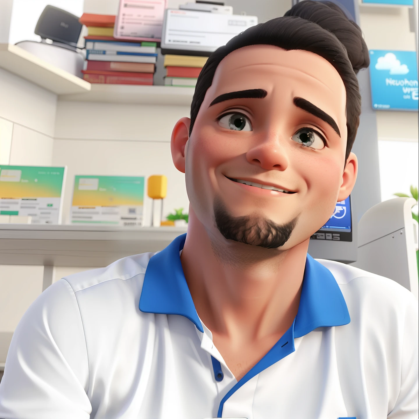 Um rapaz novo, com um sorriso vergonhoso, in white IT company uniform