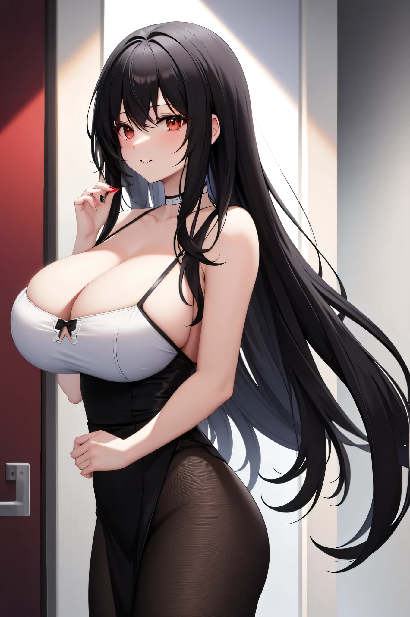 (best image quality, masterpiece:1.2), absolute resolution, high quality, one woman, break, (long black hair mixed with red:1. 1), brown eyes, huge breasts,naked,open clothes,