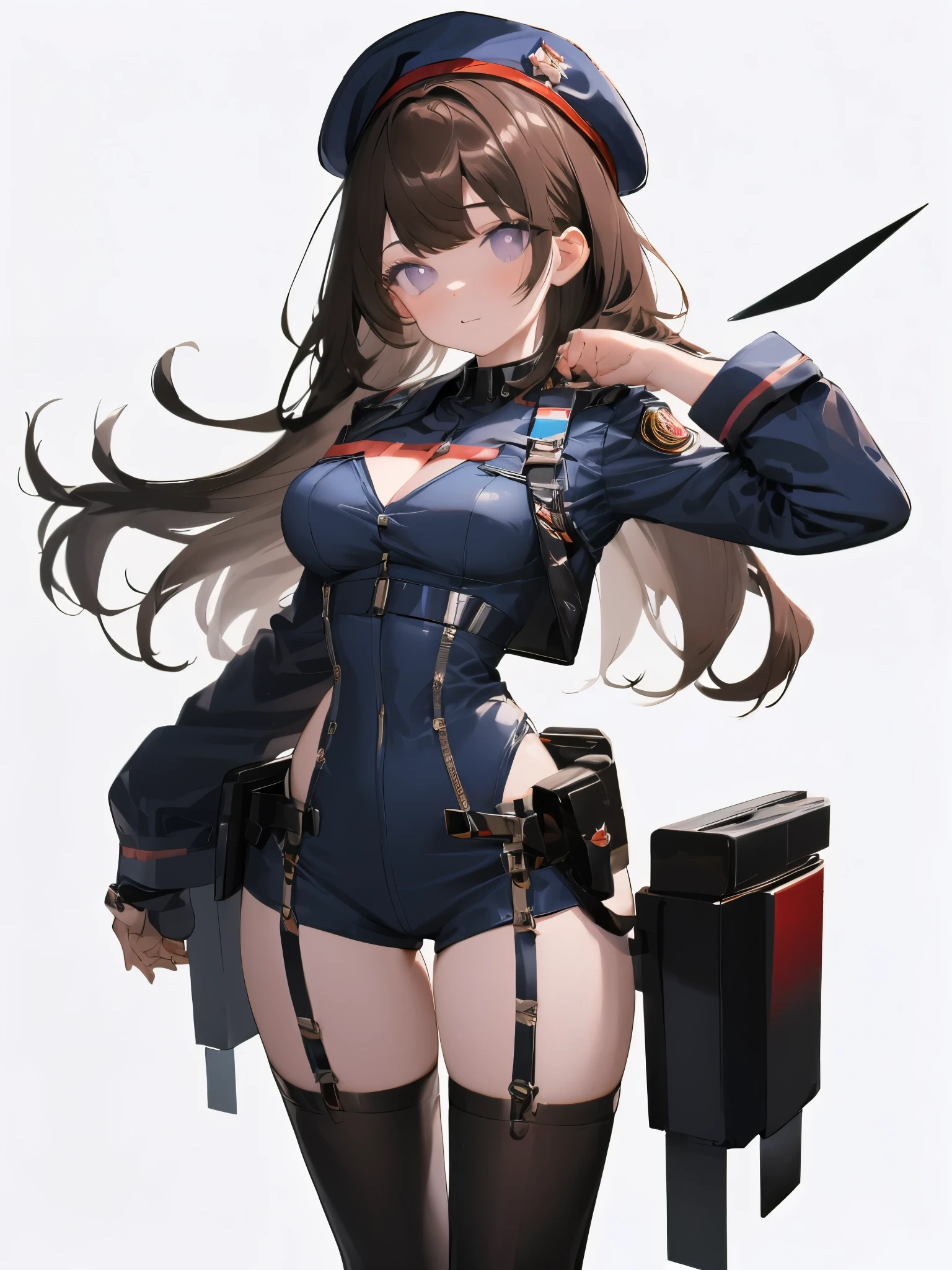 ((Best quality, 8K, Ultra-detailed, Masterpiece: 1.3)), 3 girl, Shiny skin, Sharp, Perfect body beauty, realistic shadow perfect body,("Dark grey and deep blue navy officer uniform,beret,futuristic,Transparent ":1.2),Big_Breasts ,Young girl, short girl,upper legs , indoors, White background,cleavage, standing arms down, fighter pilot harness,M legs， your ass, ("Dark Brown long hair, ahoge, black pupils dark purple eyes ,Sideswept parted hair":1.5), portrait shot,(" no background,no object":2)