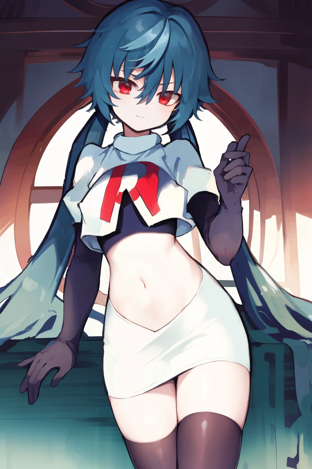 masterpiece, detailed, high quality, absurdres, yuko, 1girl, solo, low twintails, absurdly long hair, small breasts, curvy, looking at viewer, cowboy shot,team rocket,team rocket uniform, red letter R, white skirt,white crop top,black thigh-highs, black elbow gloves,
