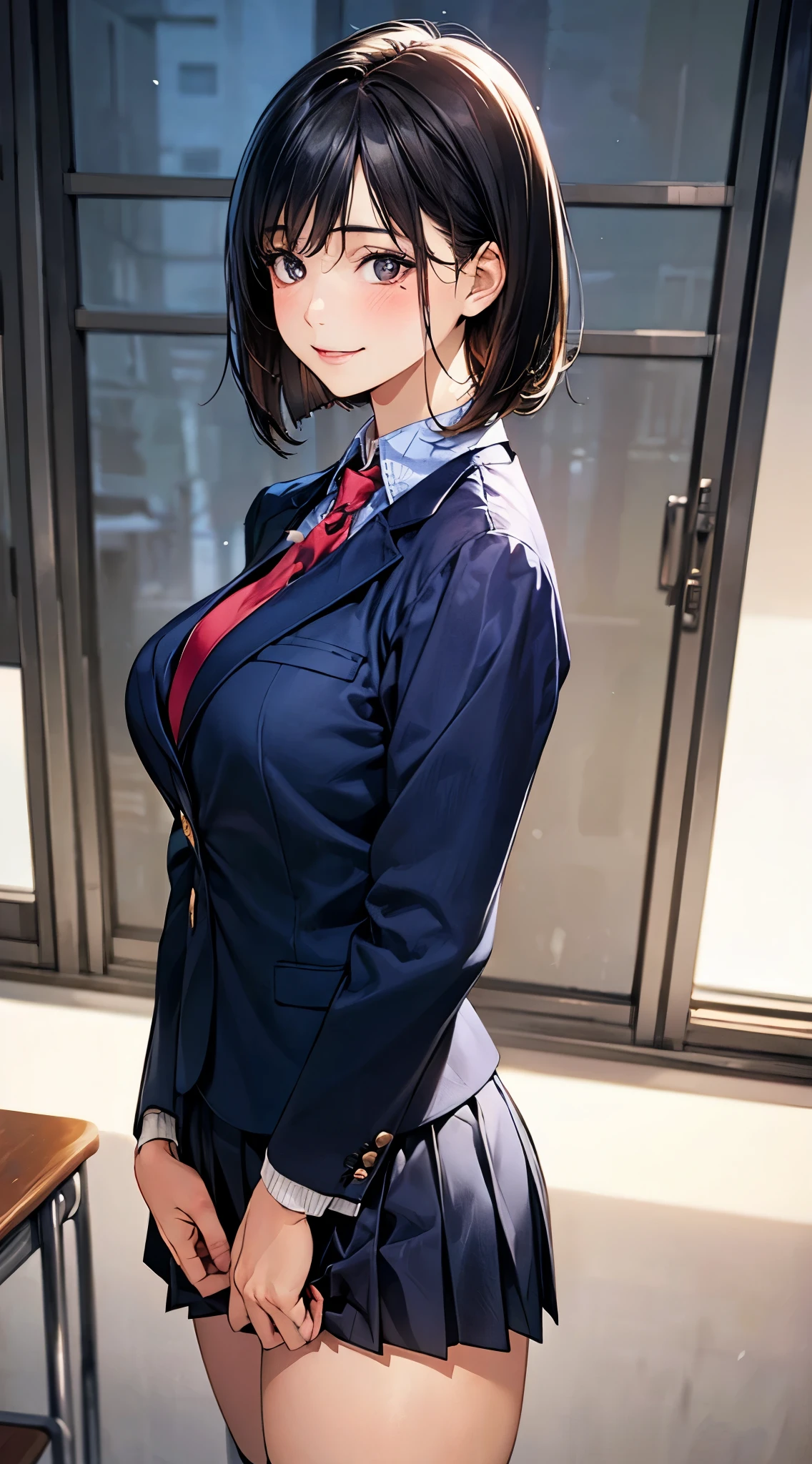 (masterpiece:1.2, top-quality), (realistic, photorealistic:1.4), beautiful illustration, (natural side lighting, movie lighting),
looking at viewer, cowboy shot, front view:0.6, 1 girl, japanese, high school girl, perfect face, cute and symmetrical face, shiny skin,
(short hair:1.2, bob cut:1.2, black hair), hairline, asymmetrical bangs, red eyes, long eyelasher, (large breasts:0.9, thick thighs),
beautiful hair, beautiful face, beautiful detailed eyes, beautiful clavicle, beautiful body, beautiful chest, beautiful thigh, beautiful legs, beautiful fingers,
((navy blazer, light blue collared shirts, navy pleated mini skirt, socks, red ribbon tie)), pink panties,
(beautiful scenery), evening, school, classroom, curtains, walking, hands on chest, (lovely smile, upper eyes),