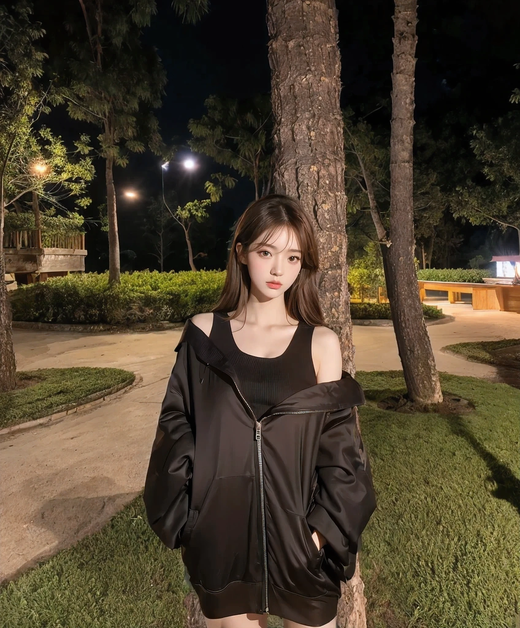 ((night view, realistic light, best quality, 8 thousand, masterpiece: 1.3)), Korean woman, Pretty woman with slender figure: 1.4, (brown hair: 1.3), Off-the-shoulder cut top: 1.3, very detailed face, detailed eyes, double eyelid