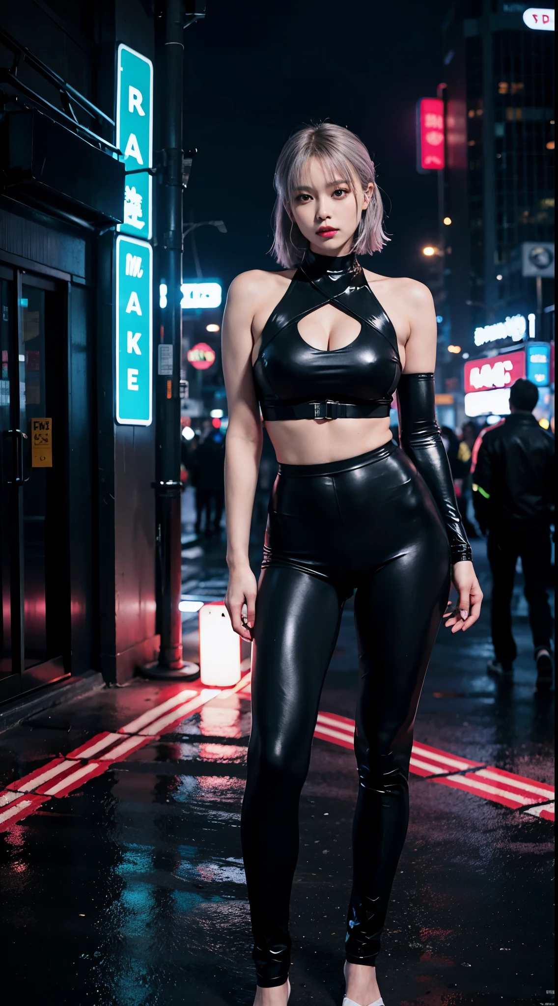 (8k, RAW photo quality, Take control:1.2),A ball head (realistically, Shoot real:1.37),(kpop idol), (Egiosar:1),Lovely,professional lighting,photon mapping,radio city,Physically based rendering,role play,Lucy\(cyberpunk characterob cut, Mechanical Parts, gray eyelack tight suit, Cyberpunk City, black trouser suit, night, neon lights, smoke, looking at the audience,, 8k high resolution, 8k, CG wallpaper, actual, clear background, full body lesbian,huge breast,huge breast,