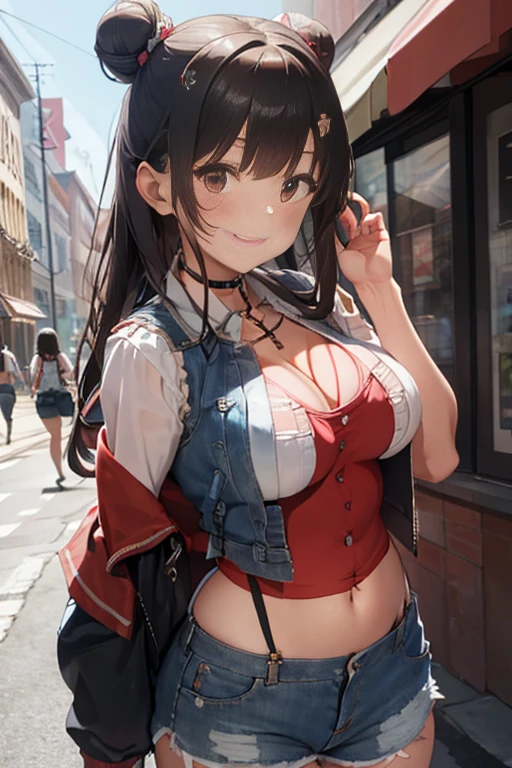 masterpiece、The best、1 female、denim vest、Denim shorts、Red shirt， Bun bun、black hair、Shoulder leakage、big breasts、chubby、Smile、White suspenders、lace leggingackpack，On campus，pose，Street culture，reaching out