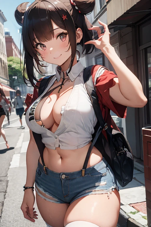 masterpiece、The best、1 female、denim vest、Denim shorts、Red shirt, Bun bun、black hair、Shoulder leakage、big breasts、chubby、Smile、White suspenders、lace leggingackpack,On campus,pose,Street culture,reaching out