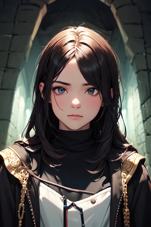 Uma bela jovem elfa de cabelos negros,olhos azuis,seios grandes,roupas rasgadas e sujas, chained in a dungeon, escrava elfa, dark dungeon with low light,arte detalhada,olhar expressivo