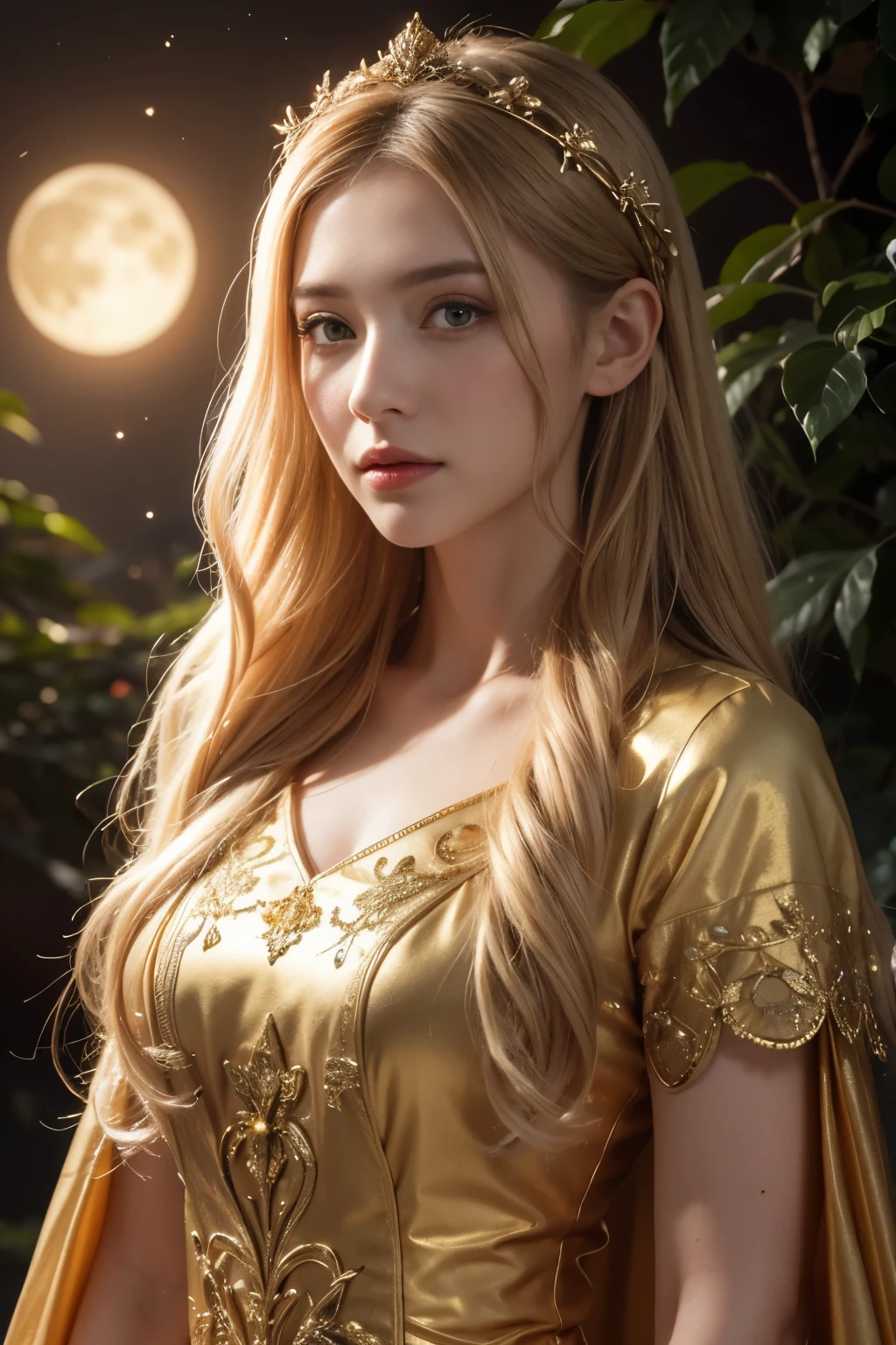 a woman, (golden hair), long white dress, detailed face, moon, dark forest, ((surrealism)), whimsical, intricately detailed, triadic colors, fantasy high magic concept art, 8k resolution, HW*

