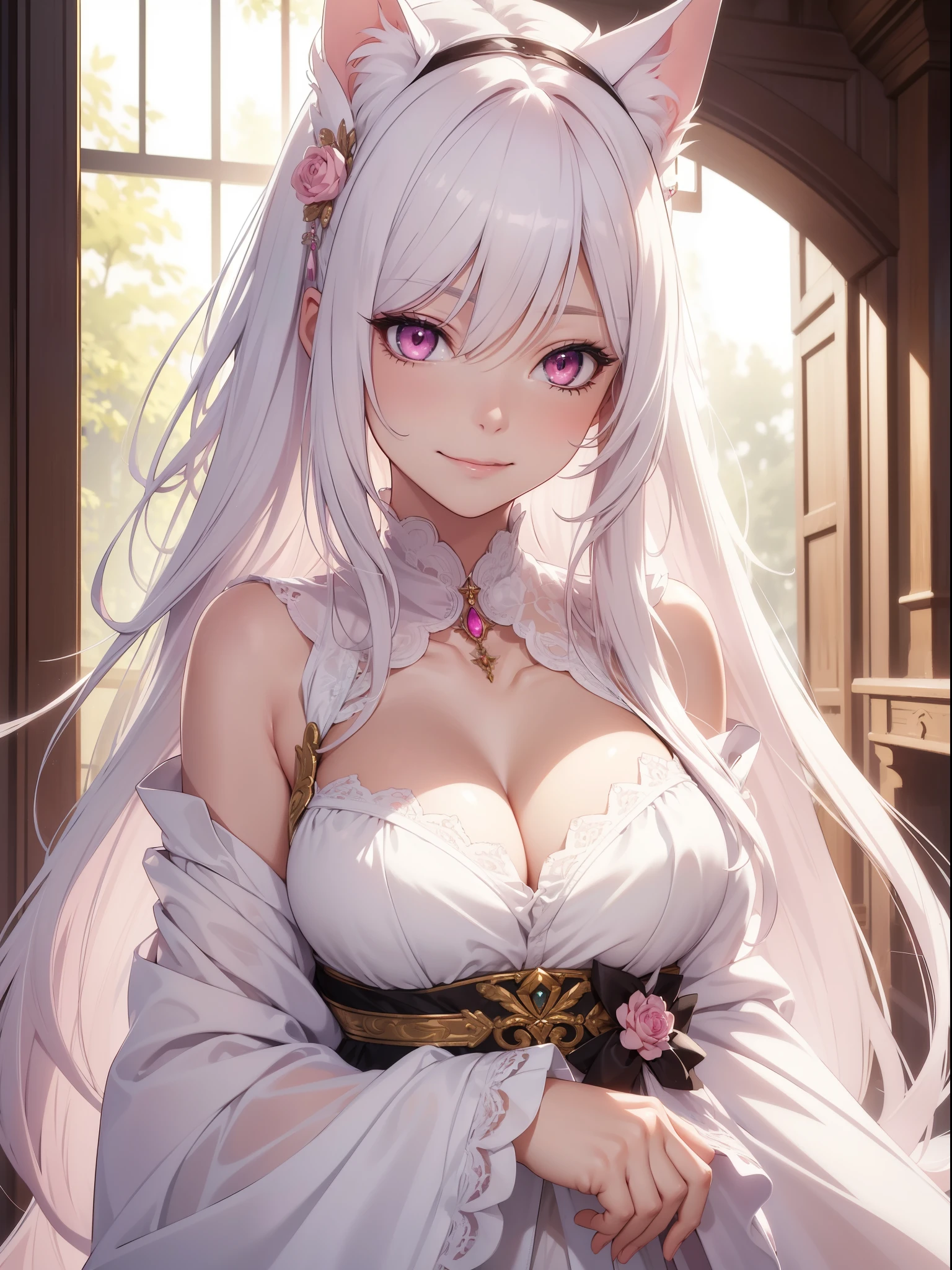 (best quality, highres, masterpiece:1.2), realistic, detailed female portrait, long flowing white hair, vibrant pink eyes, cat ears, white dress, ample chest, abundant breasts, captivating gaze, masterpiece smile, high quality