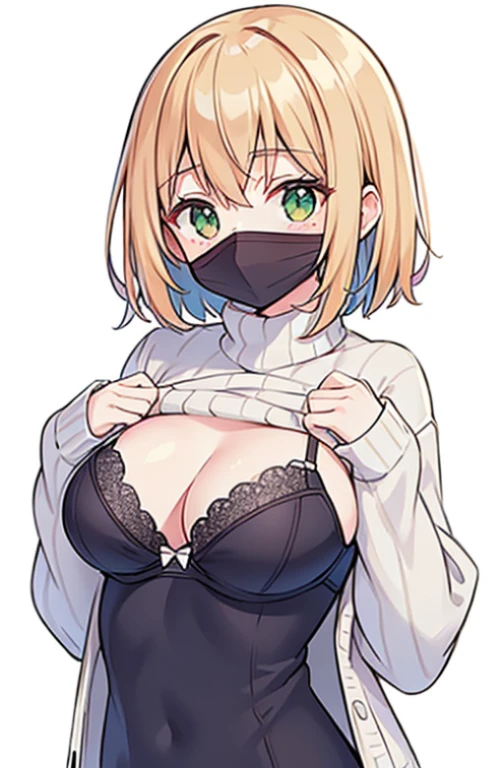 there a woman taking a selfie with mobile phone, ((head out of frame)), bra, under wear, sweater lift, anime girl, variety of hairstyles, blue, orange, green, violet, brown, white, white background, fashionable and trendy atmosphere, covered face, cleavage, lifted by self, hand on own chest,