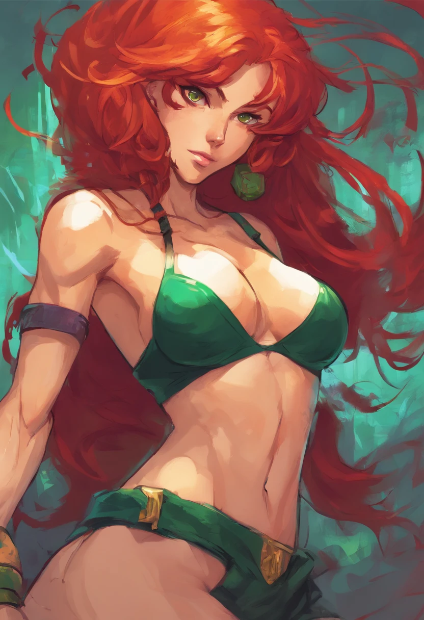 A girl with red hair and freckles, having short hair, captivating green eyes, and a thick build. Her appearance is further enhanced by a tiny stature and a big, well-defined buttocks, along with small, natural breasts. She exudes confidence and sensuality. In line with her carefree nature, she prefers not to wear pants, embracing her natural beauty. She proudly flaunts her hairy armpits and a similarly untamed, well-maintained bush around her private area. The overall image quality should be the best, with vibrant colors and sharp focus, capturing every single detail of her unique features. The art style should be realistic, enhancing the photo-realistic quality of the image. The color tones should be rich and warm, emphasizing the red hair and green eyes of the girl. The lighting should be natural and flattering, creating a soft and warm atmosphere around her.