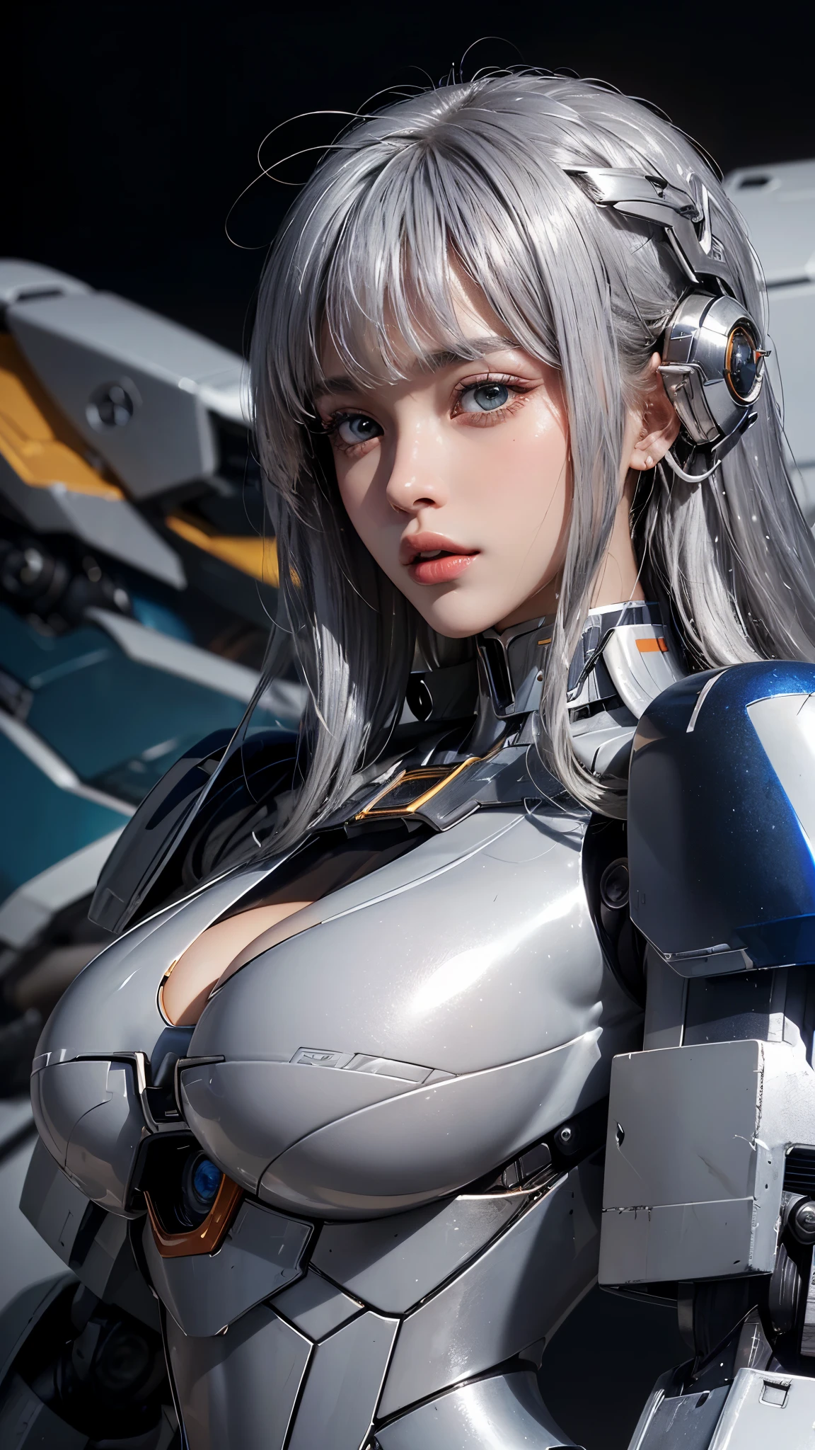 (UHD, retina, masterpiece, accurate, anatomically_correct, textured_skin, super_detail, high_details, high_quality, best_quality, high_res, 1080P, HD, 4K, 8k, 16k), (beautiful_detailed_eyes, beautiful_detailed_lips, extremely_detailed_eyes_and_face), soft_lighting, physically-based_rendering, vivid_colors, (large_breasts:1.5), (shiny_hair, shiny_skin, tanned_skin), eye_reflection, (bangs:1.5), (splash_curl:1.2), (bokeh), semi-profile_view, (mecha, silver hair:1.5),