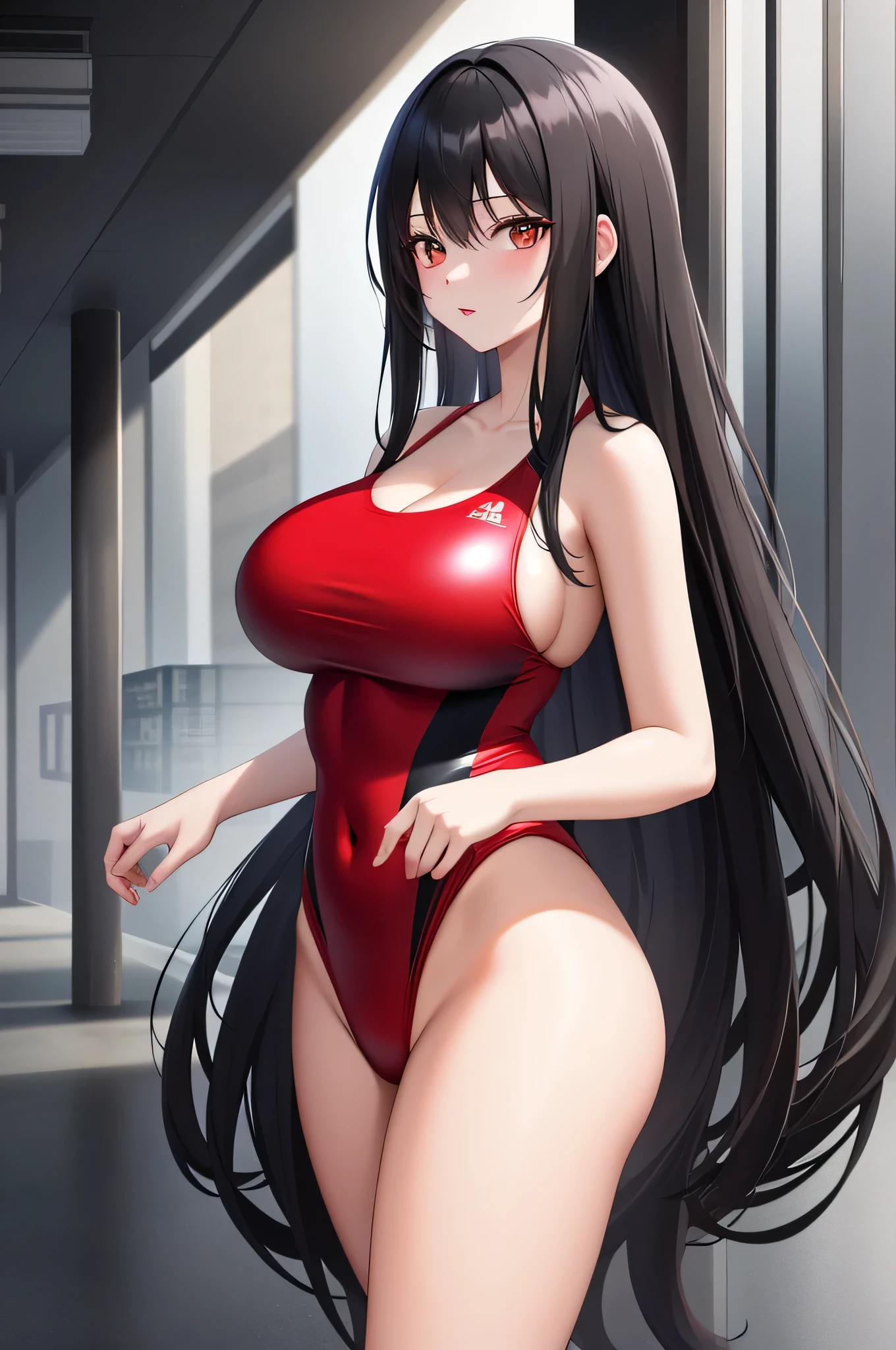 (best image quality, masterpiece:1.2), absolute resolution, high quality, one woman, break, (long black hair mixed with red:1. 1), brown eyes, huge breasts,naked,Swimsuit, one piece swimsuit, latex,