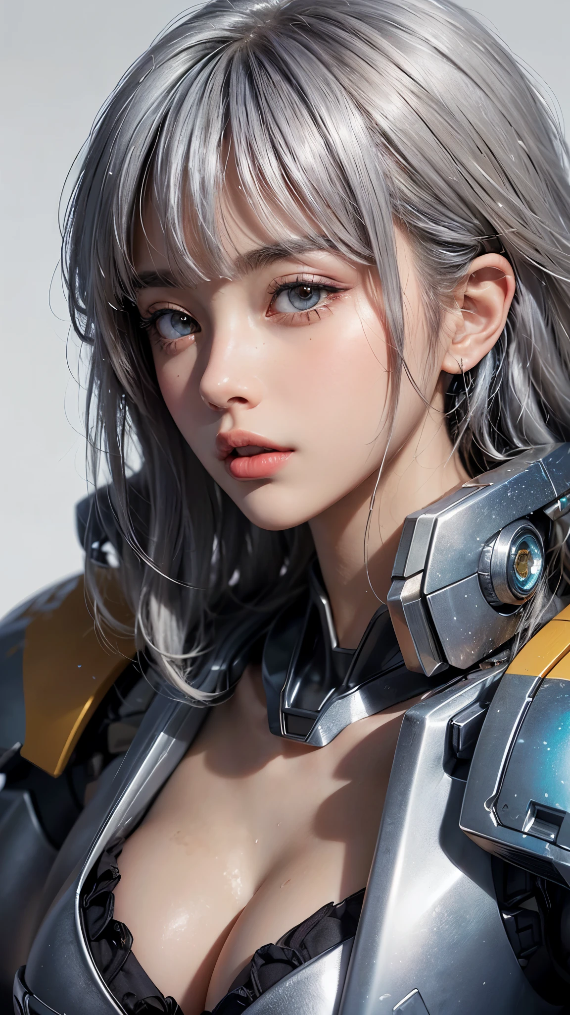(UHD, retina, masterpiece, accurate, anatomically_correct, textured_skin, super_detail, high_details, high_quality, best_quality, high_res, 1080P, HD, 4K, 8k, 16k), (beautiful_detailed_eyes, beautiful_detailed_lips, extremely_detailed_eyes_and_face), soft_lighting, physically-based_rendering, vivid_colors, (large_breasts:1.5), (shiny_hair, shiny_skin, tanned_skin), eye_reflection, (bangs:1.5), (splash_curl:1.2), (bokeh), semi-profile_view, (mecha, silver hair:1.37),