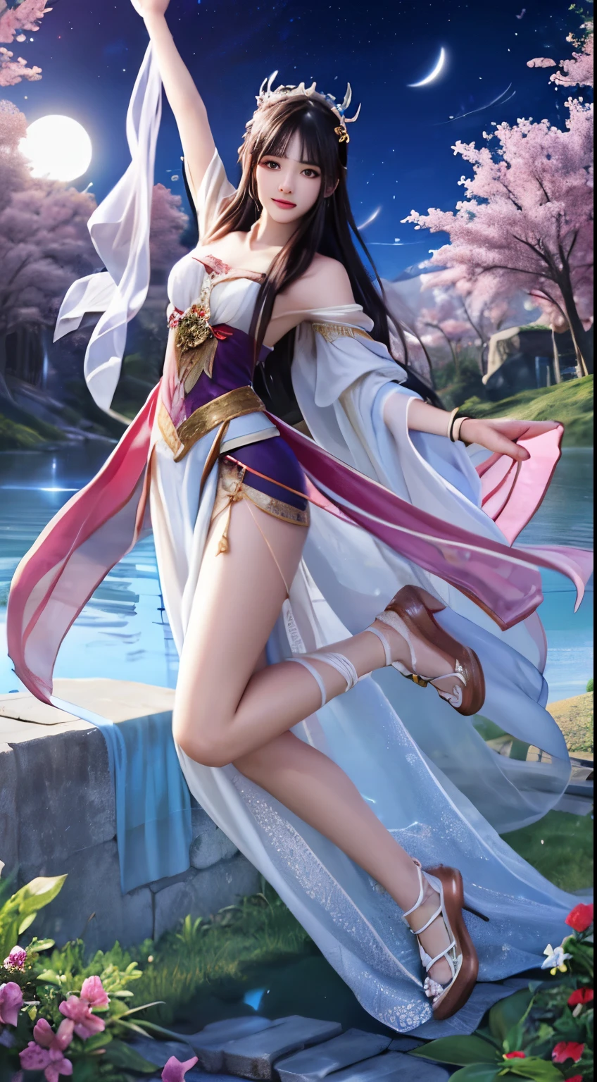 Moonlit landscape,The goddess in costume dressed in Han costume unique。Her gorgeous costumes sparkle,The skirt swayed in the breeze,It looks elegant and dynamic。There was a playful look in her eyes,It as if you are at one with this tranquil nature。
The costume goddess wears a pair of fashionable high heels under her feet,It seems to be incompatible with her elegant temperament,But it invisibly adds a touch of mystery and sexiness。。Her feet were on the bluestone slat's like dancing on the ground,Grace at every step。
In the moonlight,The landscape even more hazy and wonderful。Her figure danced in the moonlight,Fairy beauty。Her demeanor playful and cute,It makes people want to get closer,Discover her inner secrets。
At this moment,Everything around seemed to be gone,Only this goddess in ancient costume and this beautiful landscape painting remain。She smiled,sport,All full of poetry,It's intoxicating,Can't extricate yourself。