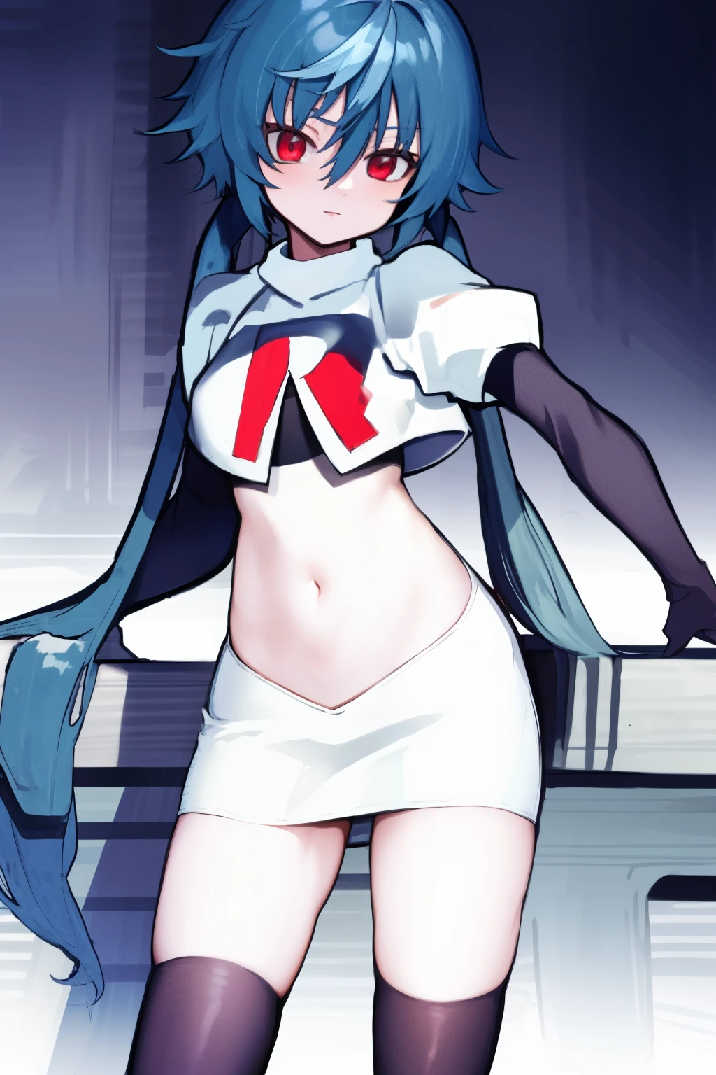 1girl, solo, euladef, large breasts, thighs, team rocket,team rocket uniform,white skirt,red letter R,crop top,black thigh-highs,black elbow gloves,
