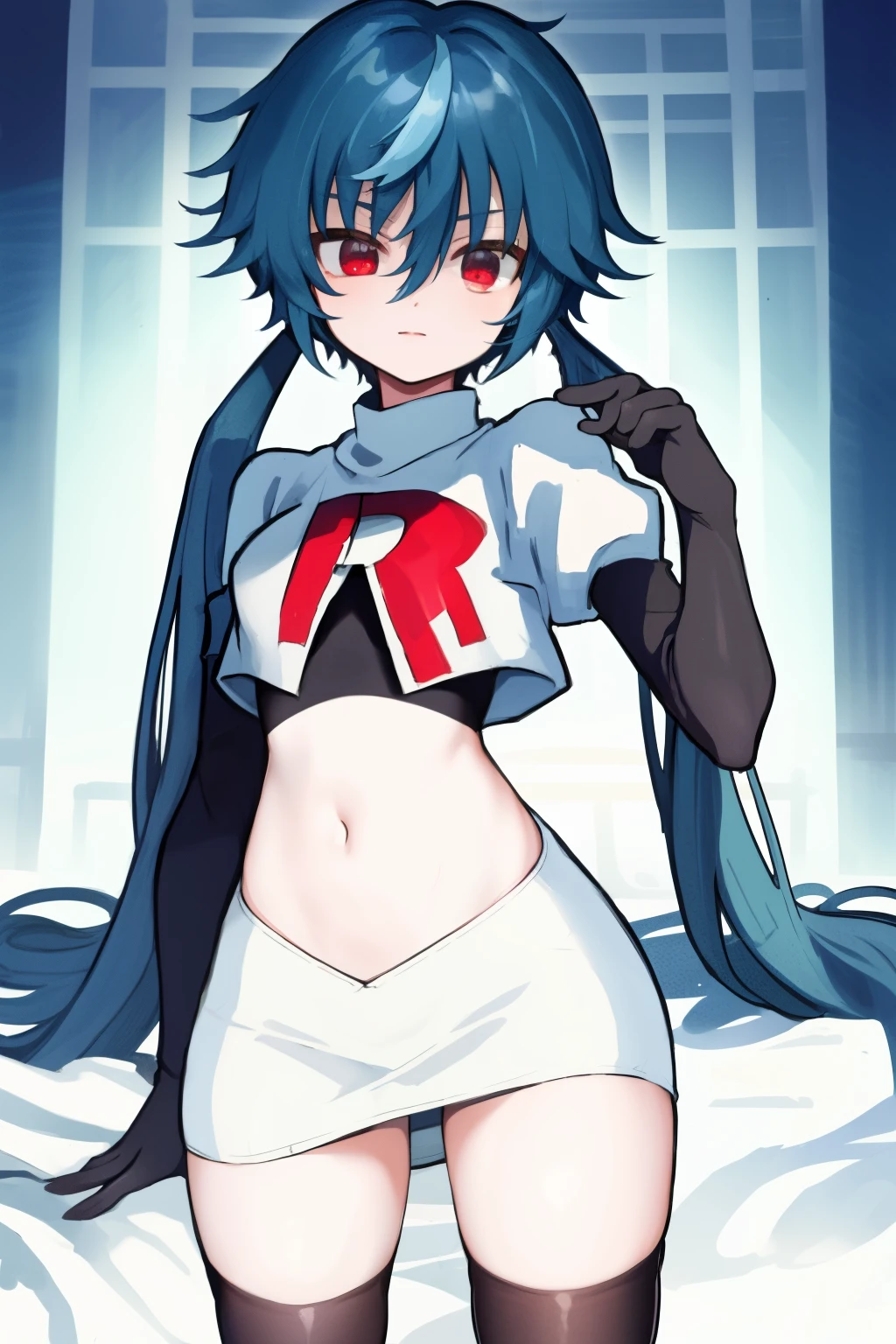 masterpiece, detailed, high quality, absurdres, yuko, 1girl, solo, low twintails, absurdly long hair, small breasts, curvy, looking at viewer, cowboy shot,team rocket,team rocket uniform, red letter R, white skirt,white crop top,black thigh-highs, black elbow gloves,