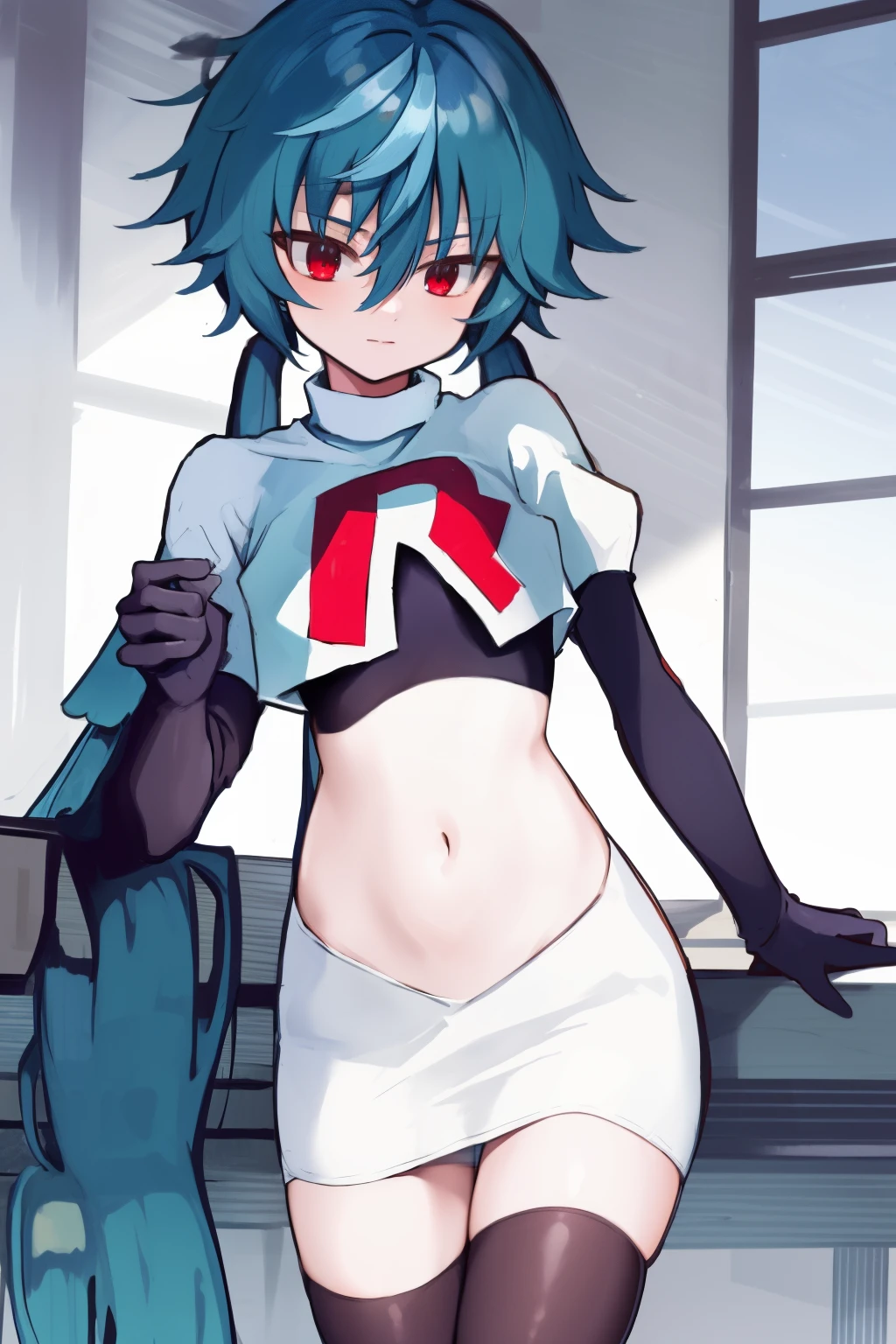 masterpiece, detailed, high quality, absurdres, yuko, 1girl, solo, low twintails, absurdly long hair, small breasts, curvy, looking at viewer, cowboy shot,team rocket,team rocket uniform, red letter R, white skirt,white crop top,black thigh-highs, black elbow gloves,