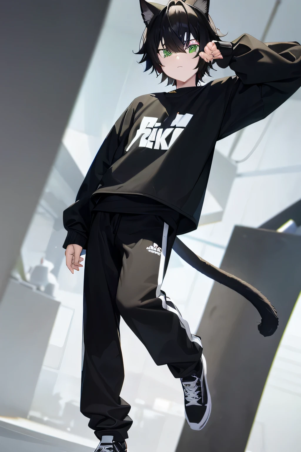 neko, cor de cabelo curto preto, orelhas de gato pretas com ponta branca, calda preta de rabo de gato com ponta branca, olhos verdes, wearing a black sweatshirt with Japanese markings, wearing pants with, usando um sapato branco com preto, corpo todo, olhando de frente
