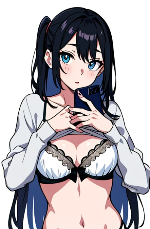 Anime girl in lingerie takes selfie with mobile phone,, wearing bra, mobile phone in front of covering face, one hand on own chest, lifted by self, shirt lift, white background, head out of frame, white background,