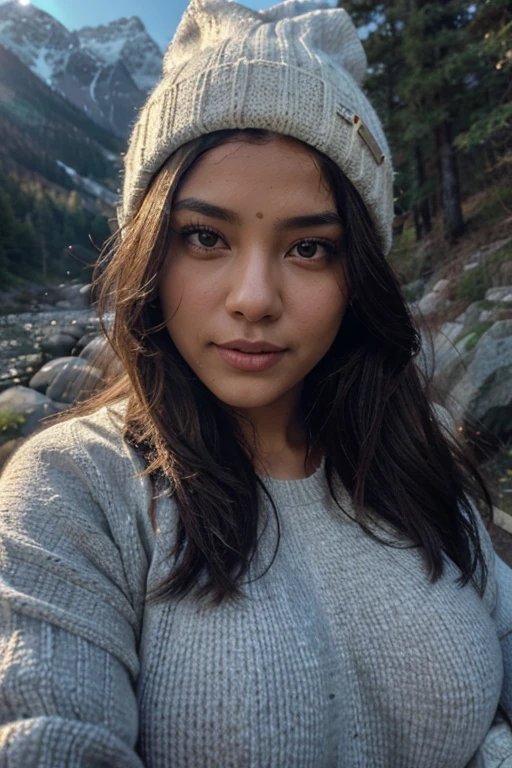 Curvy indian, Photorealistic, Best quality, ultra - detailed, Beautiful woman, Selfie Photos, Upper body, Solo, wearing pullover, Outdoors, (Night), Mountains, Nature in real life, stars, Moon, (cheerful big breasts, cheerfulness), sleeping bag, mitts, Sweater, Beanie, Flashlight, forest, Rocks, River, wood, Smoke, Heavy fog, Clear sky, analogue style, view the viewer, Skin texture, filmgrain, Close up, 超高分辨率, Best shadow, primitive, Instagram LUT