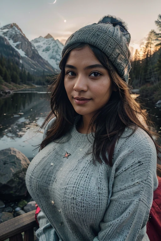 Curvy indian, Photorealistic, Best quality, ultra - detailed, Beautiful woman, Selfie Photos, Upper body, Solo, wearing pullover, Outdoors, (Night), Mountains, Nature in real life, stars, Moon, (cheerful big breasts, cheerfulness), sleeping bag, mitts, Sweater, Beanie, Flashlight, forest, Rocks, River, wood, Smoke, Heavy fog, Clear sky, analogue style, view the viewer, Skin texture, filmgrain, Close up, 超高分辨率, Best shadow, primitive, Instagram LUT
