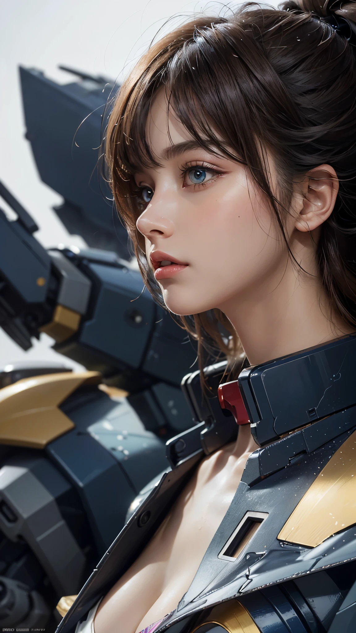 (UHD, retina, masterpiece, accurate, anatomically_correct, textured_skin, super_detail, high_details, high_quality, best_quality, high_res, 1080P, HD, 4K, 8k, 16k), (beautiful_detailed_eyes, beautiful_detailed_lips, extremely_detailed_eyes_and_face), soft_lighting, physically-based_rendering, vivid_colors, (large_breasts:1.5), (shiny_hair, shiny_skin, tanned_skin), eye_reflection, (bangs:1.5), (splash_curl:1.2), (bokeh), semi-profile_view, (mecha:1.5),
