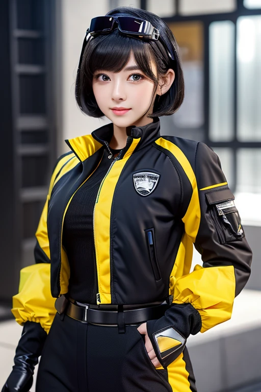 master piece、best quality、perfect lighting、1 girl、solo、black hair、short hair、amber eyes、look at viewer、(techwear jacket:1.3)、black gloves、black utility pants、Utility Backpack、goggles on head、big breasts、Face-to-face viewer、mature woman、Wearing a priestess uniform
