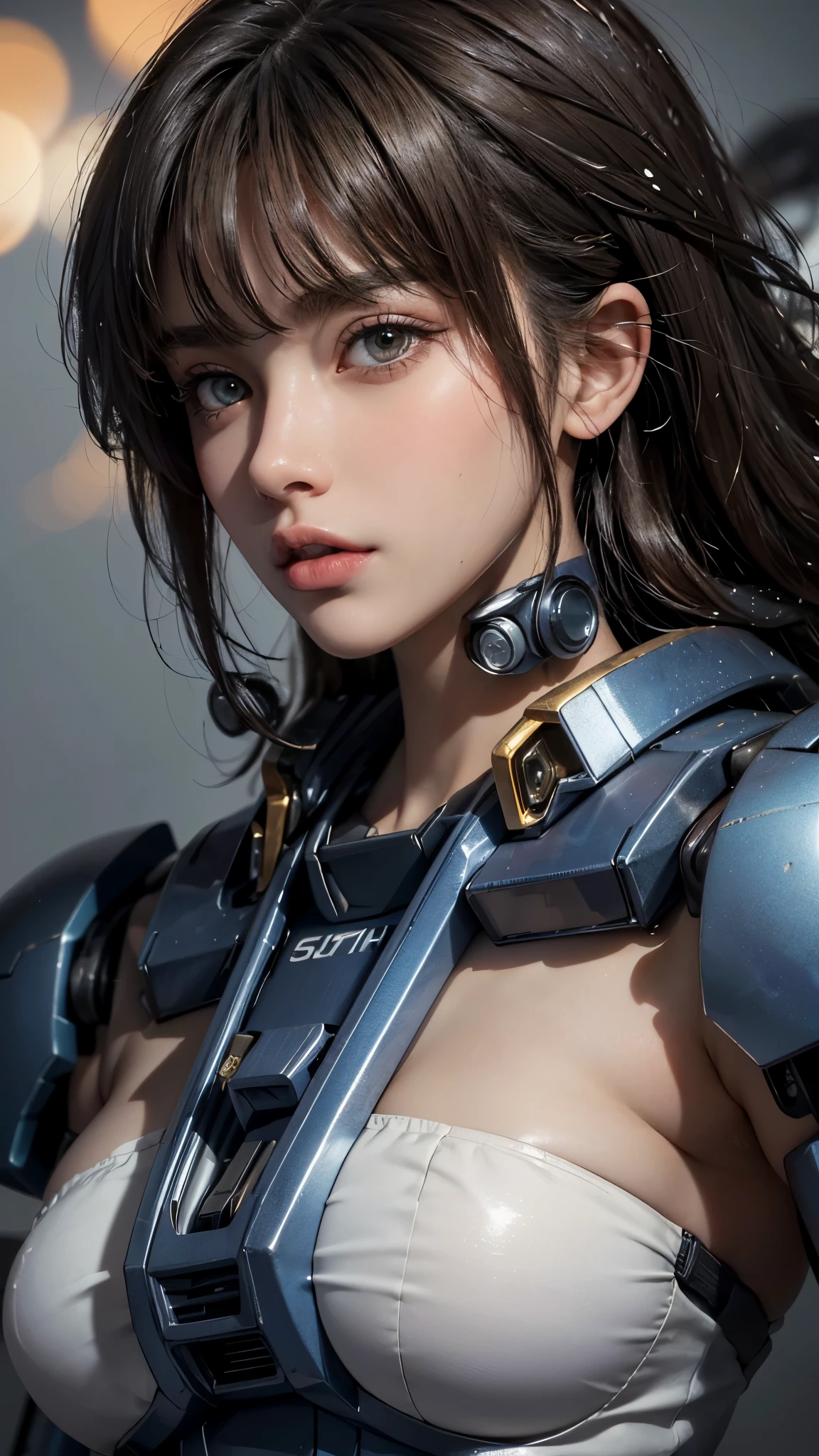 (UHD, retina, masterpiece, accurate, anatomically_correct, textured_skin, super_detail, high_details, high_quality, best_quality, high_res, 1080P, HD, 4K, 8k, 16k), (beautiful_detailed_eyes, beautiful_detailed_lips, extremely_detailed_eyes_and_face), soft_lighting, physically-based_rendering, vivid_colors, (large_breasts:1.5), (shiny_hair, shiny_skin, tanned_skin), eye_reflection, (bangs:1.5), (splash_curl:1.2), (bokeh), semi-profile_view, (mecha:1.5),