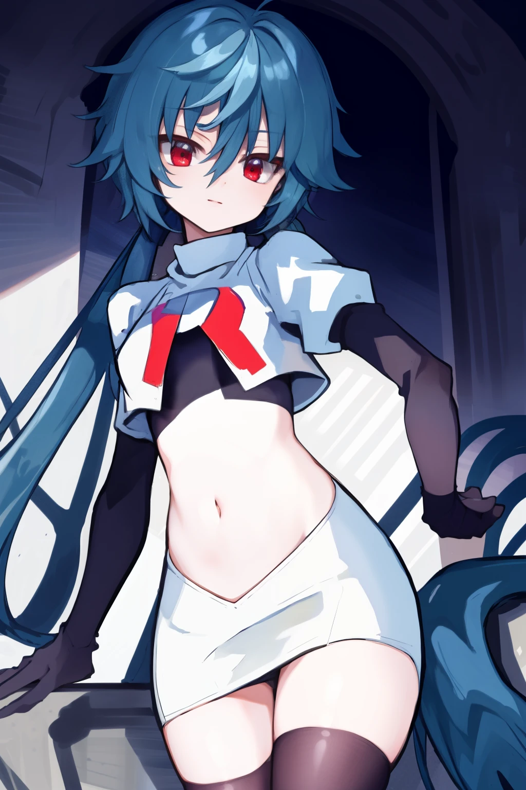 masterpiece, detailed, high quality, absurdres, yuko, 1girl, solo, low twintails, absurdly long hair, small breasts, curvy, looking at viewer, cowboy shot,team rocket,team rocket uniform, red letter R, white skirt,white crop top,black thigh-highs, black elbow gloves,