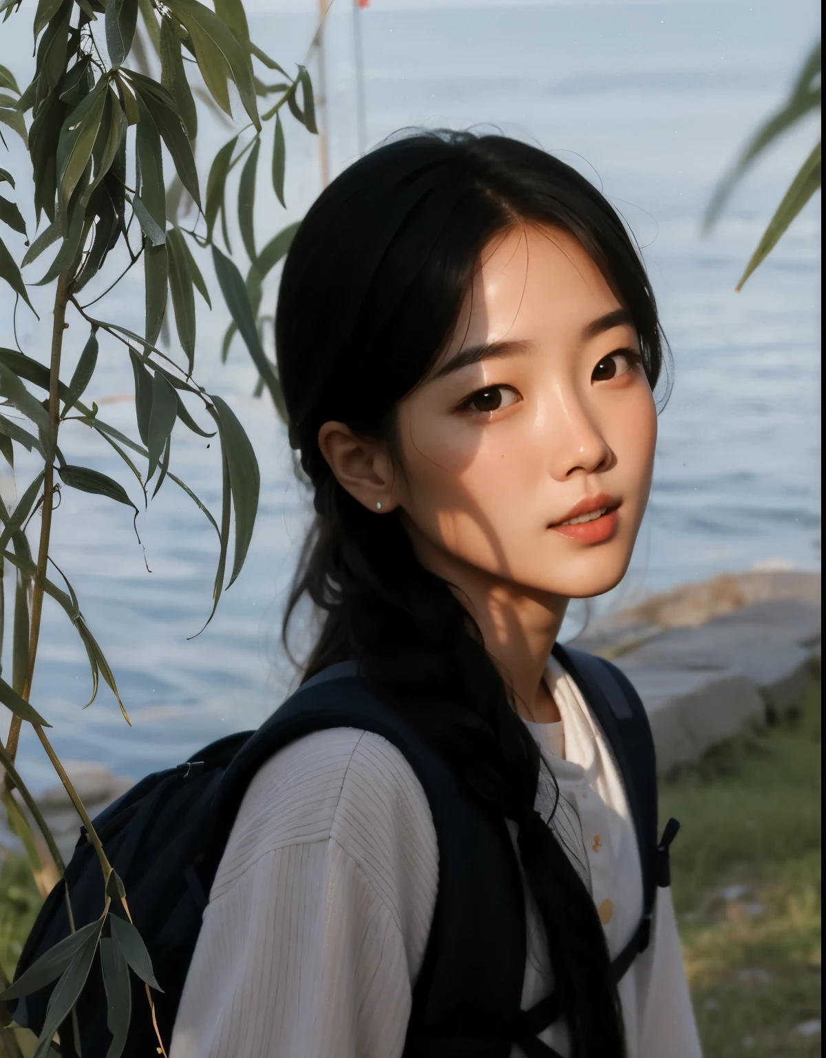 there is a woman standing near the water with a backpack, jaeyeon nam, Heonhwa Choe, Jinyoung Shin, taejune kim, wenfei you, linda mulher sul-coreana, Jiyun Chae, Xintong Chen, inspirado em Ma Yuanyu, a young Asian woman, linda jovem coreana, Louise Zhang, kwak ji jovem
