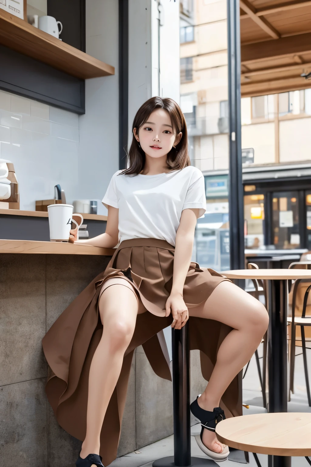 a women, round face, angle from below, casual clothes, (long skirt), (open legs), raise leg, (enjoying masturbate to straddle bollard), nameplate, id card, (thin thighs), in the coffee shop, tables, check counter, (brown skin),