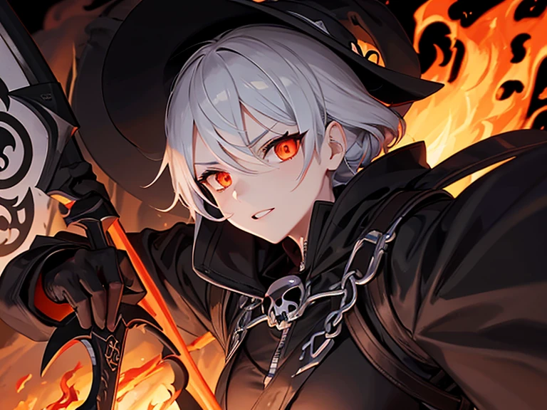 closeup of grim reaper, emblem, holding a flaming scythe, fire eyed skull, banners