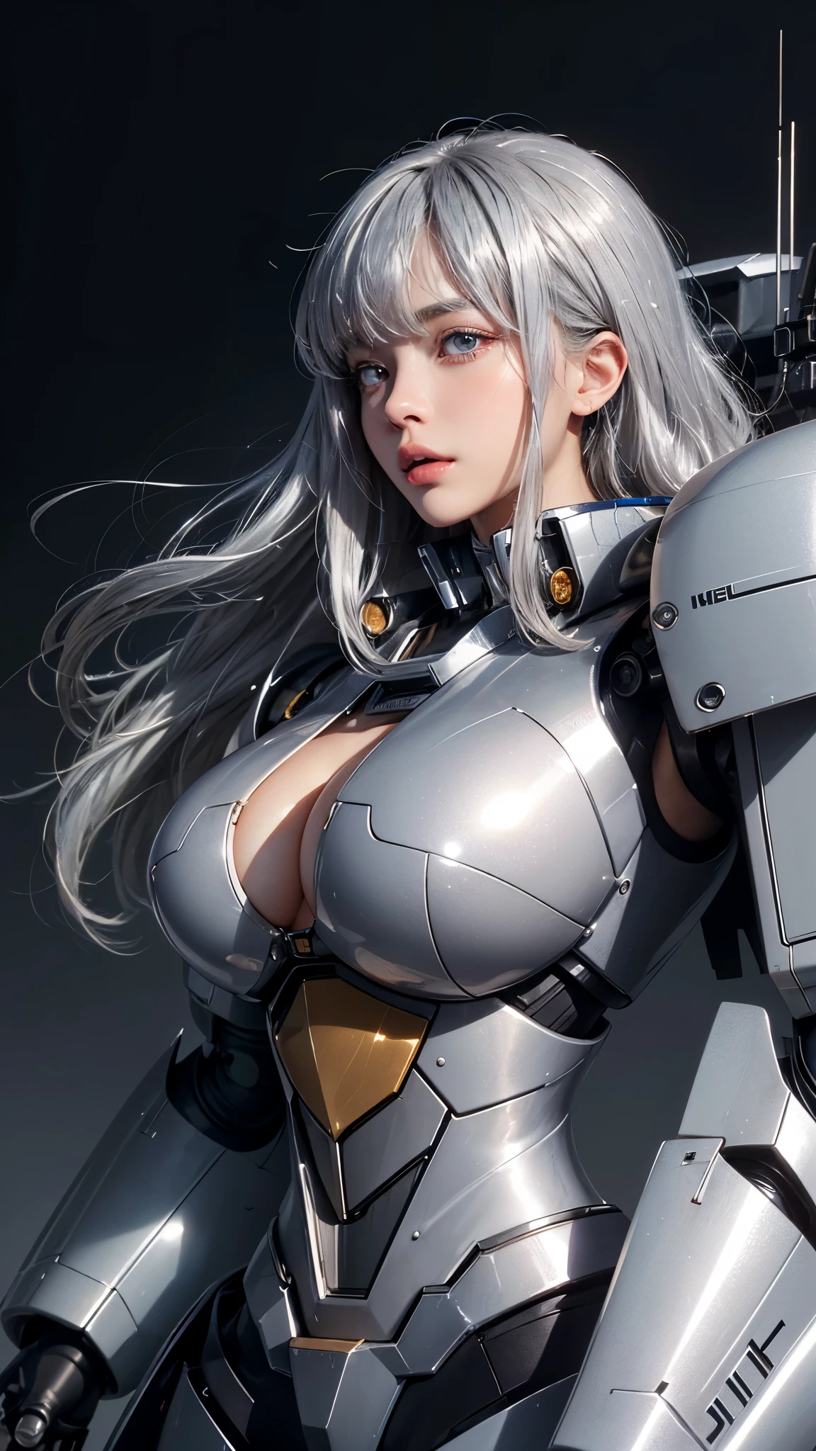(UHD, retina, masterpiece, accurate, anatomically_correct, textured_skin, super_detail, high_details, high_quality, best_quality, high_res, 1080P, HD, 4K, 8k, 16k), (beautiful_detailed_eyes, beautiful_detailed_lips, extremely_detailed_eyes_and_face), soft_lighting, physically-based_rendering, vivid_colors, (large_breasts:1.5), (shiny_hair, shiny_skin, tanned_skin), eye_reflection, (bangs:1.5), (splash_curl:1.2), (bokeh), semi-profile_view, (mecha, silver hair:1.5),
