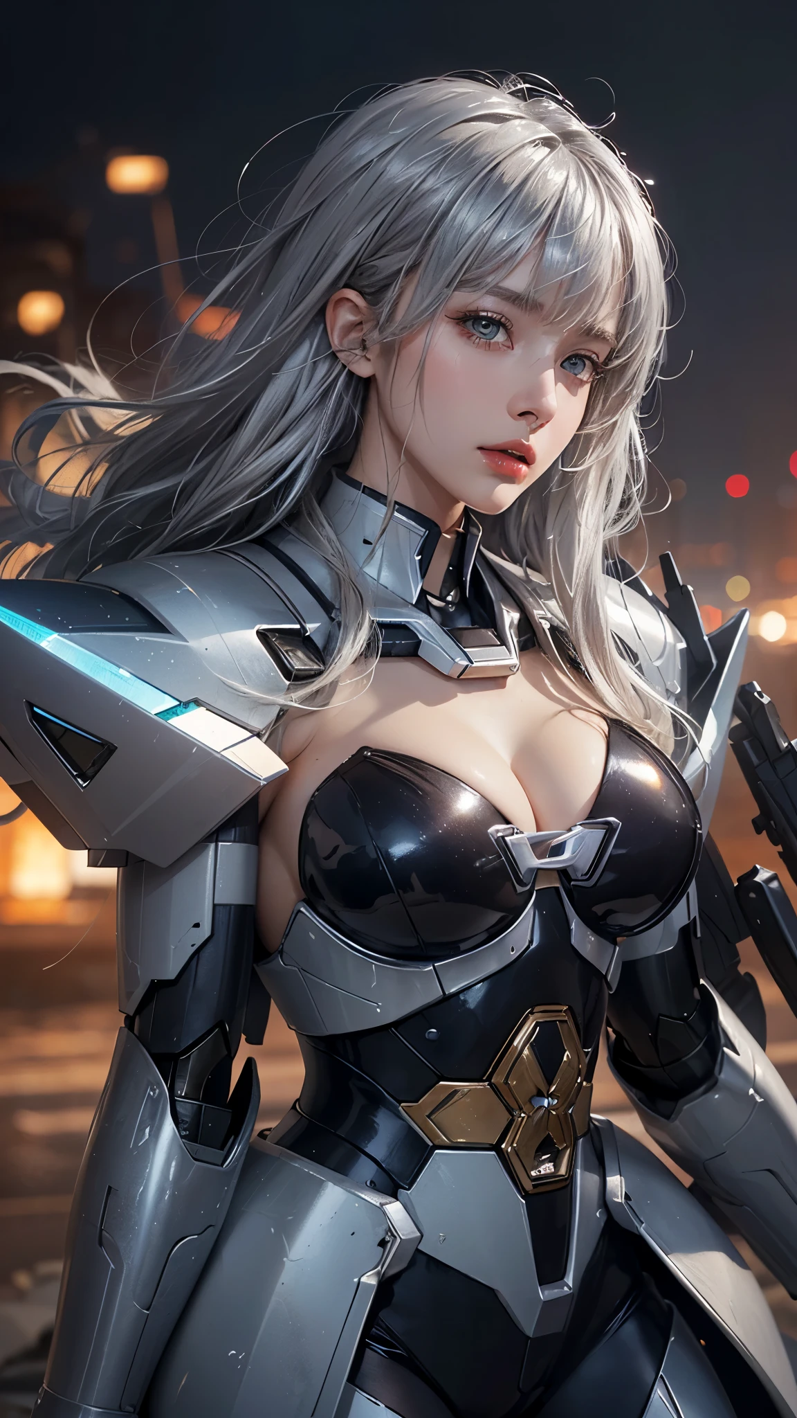 (UHD, retina, masterpiece, accurate, anatomically_correct, textured_skin, super_detail, high_details, high_quality, best_quality, high_res, 1080P, HD, 4K, 8k, 16k), (beautiful_detailed_eyes, beautiful_detailed_lips, extremely_detailed_eyes_and_face), soft_lighting, physically-based_rendering, vivid_colors, (large_breasts:1.5), (shiny_hair, shiny_skin, tanned_skin), eye_reflection, (bangs:1.5), (splash_curl:1.2), (bokeh), semi-profile_view, (mecha, silver hair:1.5),