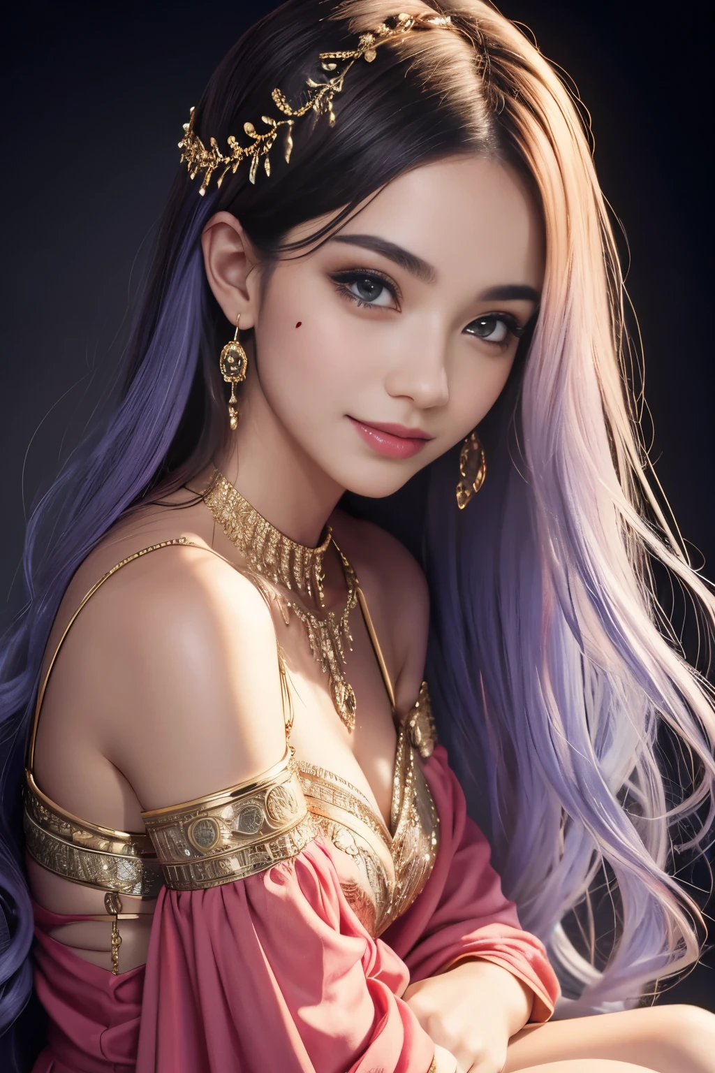 high quality, Portrait of a woman said to be the most beautiful woman in the world 1000 years from now, The world 1000 years from now, full-body portraits, Smile a little, a mole under the left eye, divine, awe, by yukisakura, awesome full color,
