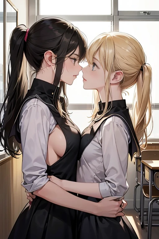 Two  girls，angry look，equivalent height，In the classroom，black and blonde hair，Facing each other and staring，hug each other，The two bodies are close to each other，kiss、Picture of two people、Holding hands and facing each other、Photograph of two people facing each other、Push each other、Stick your boobs and boobs together、Bare