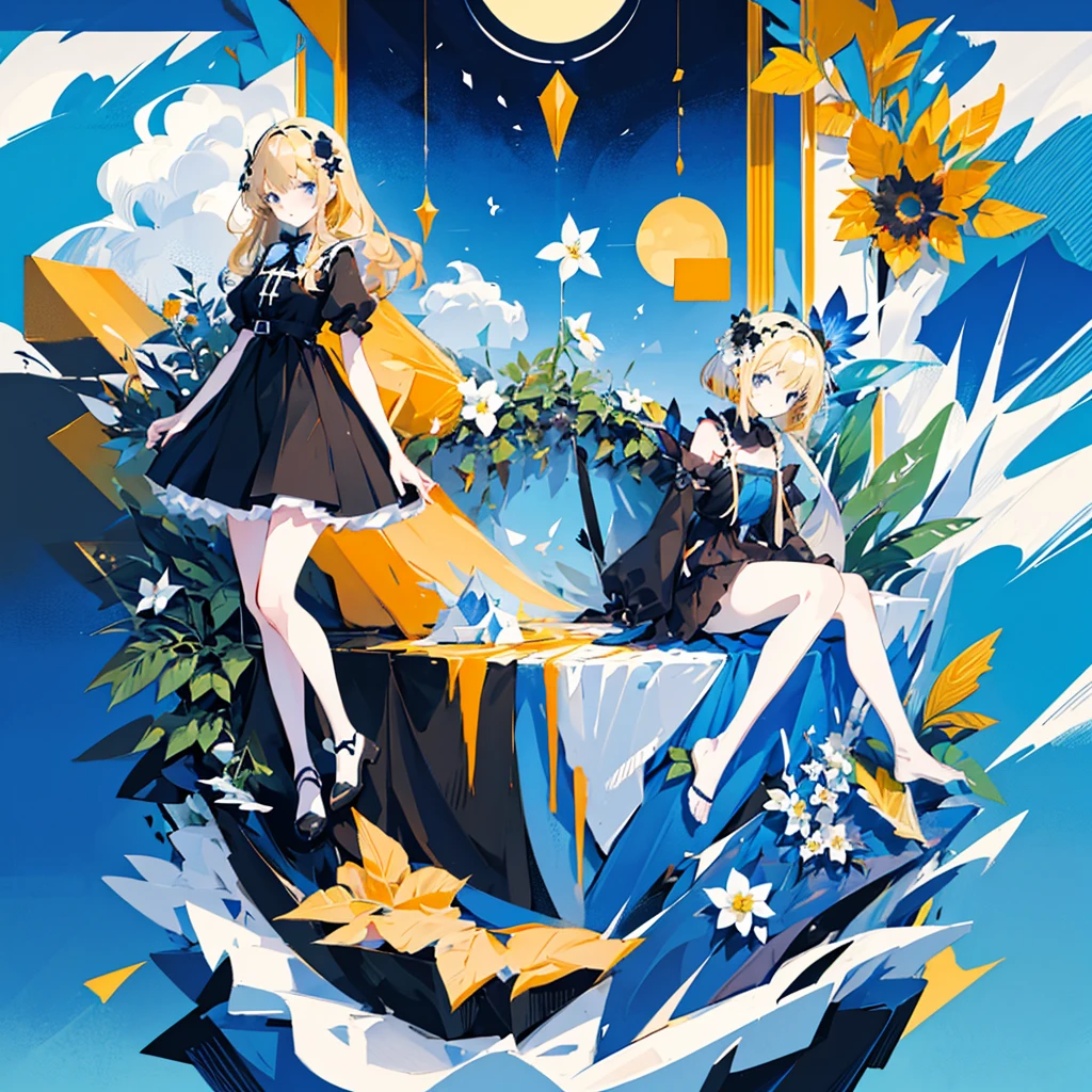 (2 girls, blonde hair, blue eyes, black sundress, cute, kawaii), (blue moon, white flower field), (low contrast, flat color, limited palette)