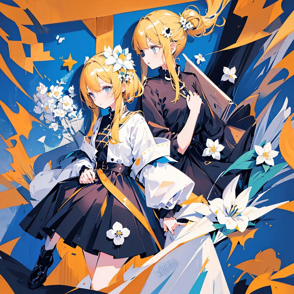 (2 girls, blonde hair, blue eyes, black sundress, cute, kawaii), (blue moon, white flower field), (low contrast, flat color, limited palette)