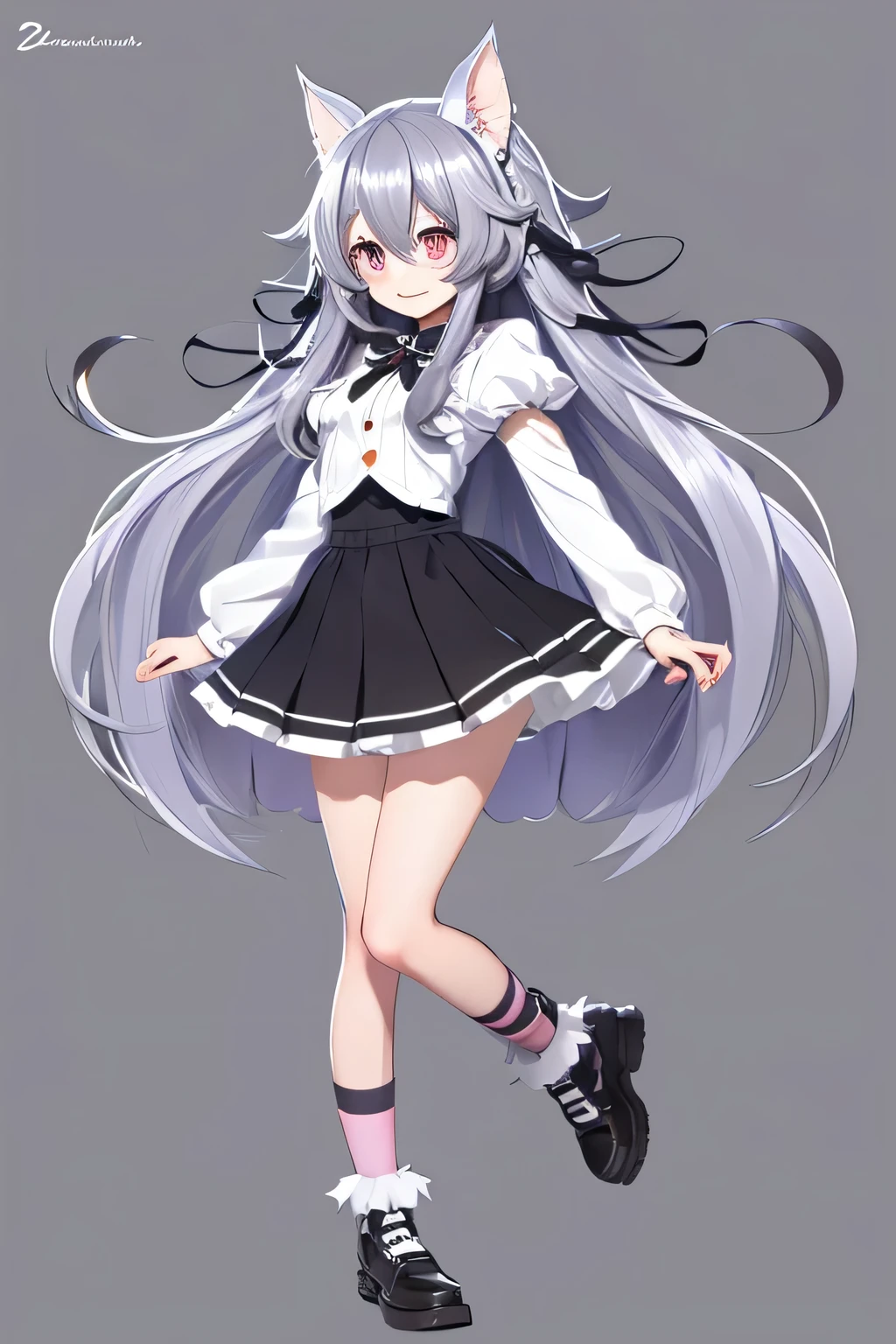 ((Live 2D)) Character design Girl with long silver hair Black eyes Whole body Upright and motionless Front view Detailed face Silver hair Waist Cat ears Curled hair Ahoge Fluffy hair Genki hoodie