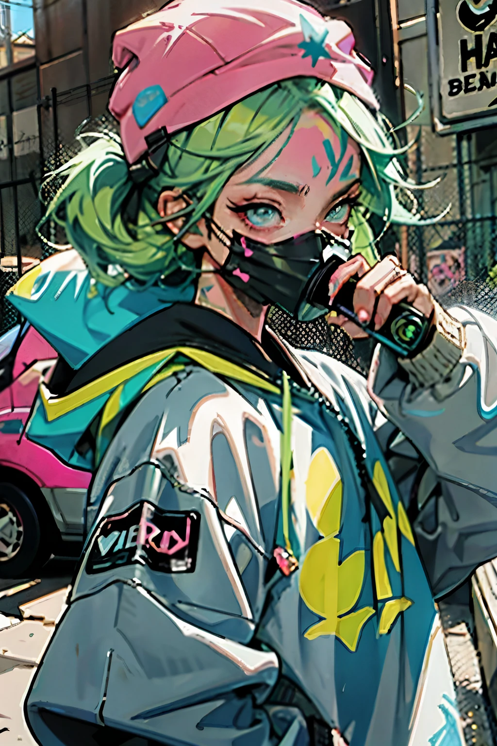 anime slim girl with a cap and a mask, thin face, holding a spray can, green messy hair, street background in neon pink and blue colors, stickers, smirk face, harley vibe, bad girl