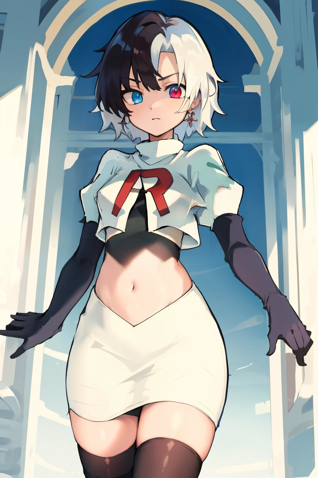 masterpiece, detailed, high quality, absurdres, penrose, 1girl, solo, heterochromia, red eyes, blue eyes, small breasts, curvy, cowboy shot, team rocket,team rocket uniform, red letter R, white skirt,white crop top,black thigh-highs, black elbow gloves,