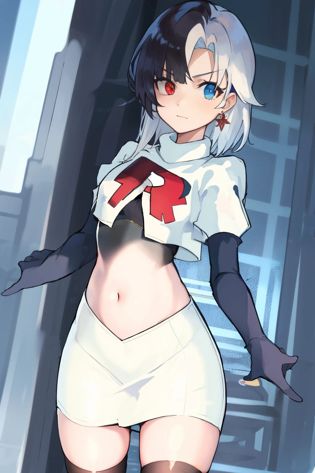 masterpiece, detailed, high quality, absurdres, penrose, 1girl, solo, heterochromia, red eyes, blue eyes, small breasts, curvy, cowboy shot, team rocket,team rocket uniform, red letter R, white skirt,white crop top,black thigh-highs, black elbow gloves,