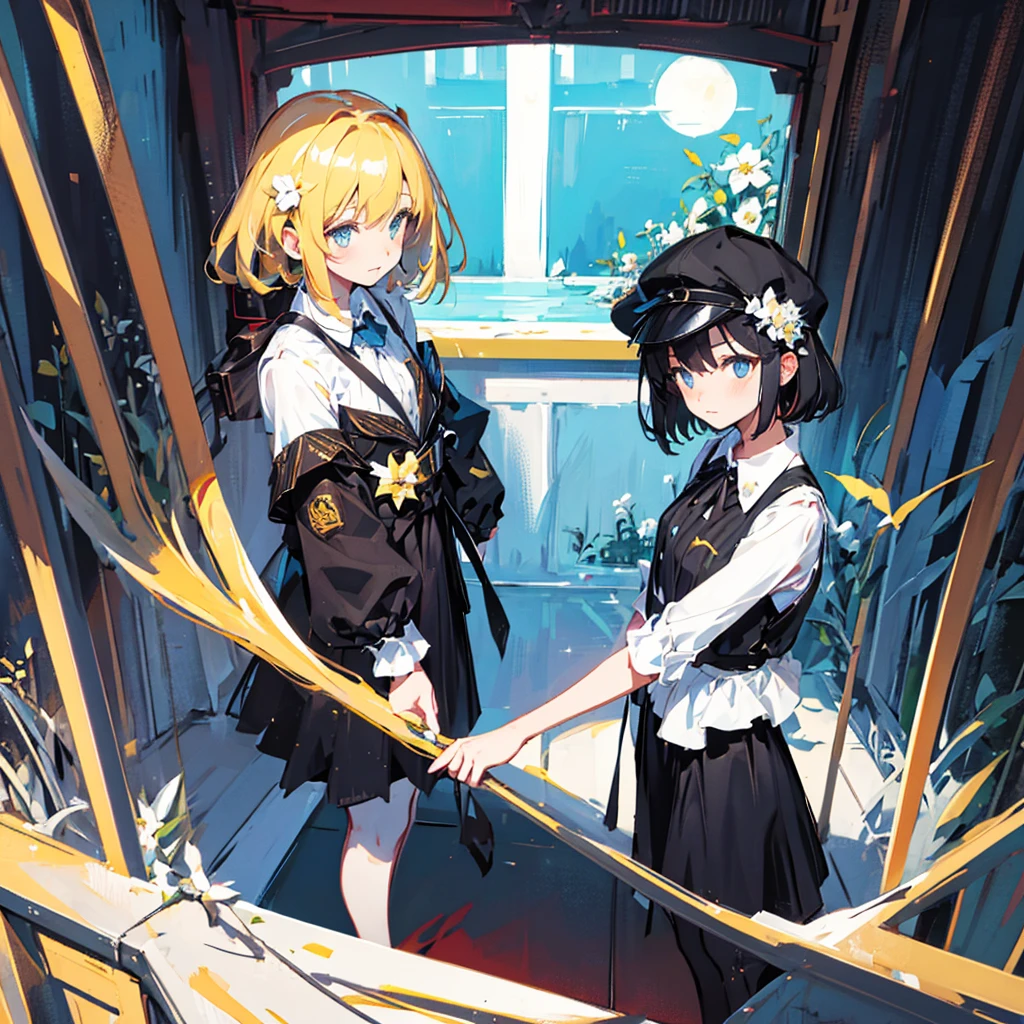 (2 girls, blonde hair, blue eyes, black sundress, cute, kawaii), (blue moon, white flower field), (low contrast, flat color, limited palette)