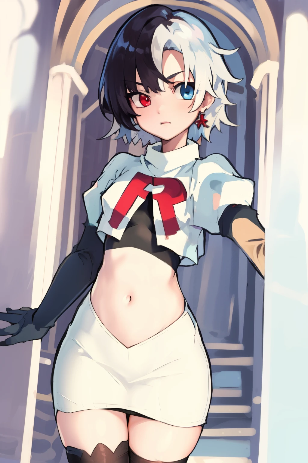 masterpiece, detailed, high quality, absurdres, penrose, 1girl, solo, heterochromia, red eyes, blue eyes, small breasts, curvy, cowboy shot, team rocket,team rocket uniform, red letter R, white skirt,white crop top,black thigh-highs, black elbow gloves,