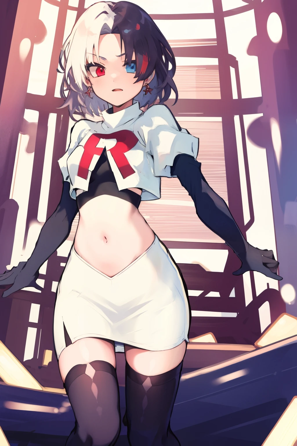 masterpiece, detailed, high quality, absurdres, penrose, 1girl, solo, heterochromia, red eyes, blue eyes, small breasts, curvy, cowboy shot, team rocket,team rocket uniform, red letter R, white skirt,white crop top,black thigh-highs, black elbow gloves,