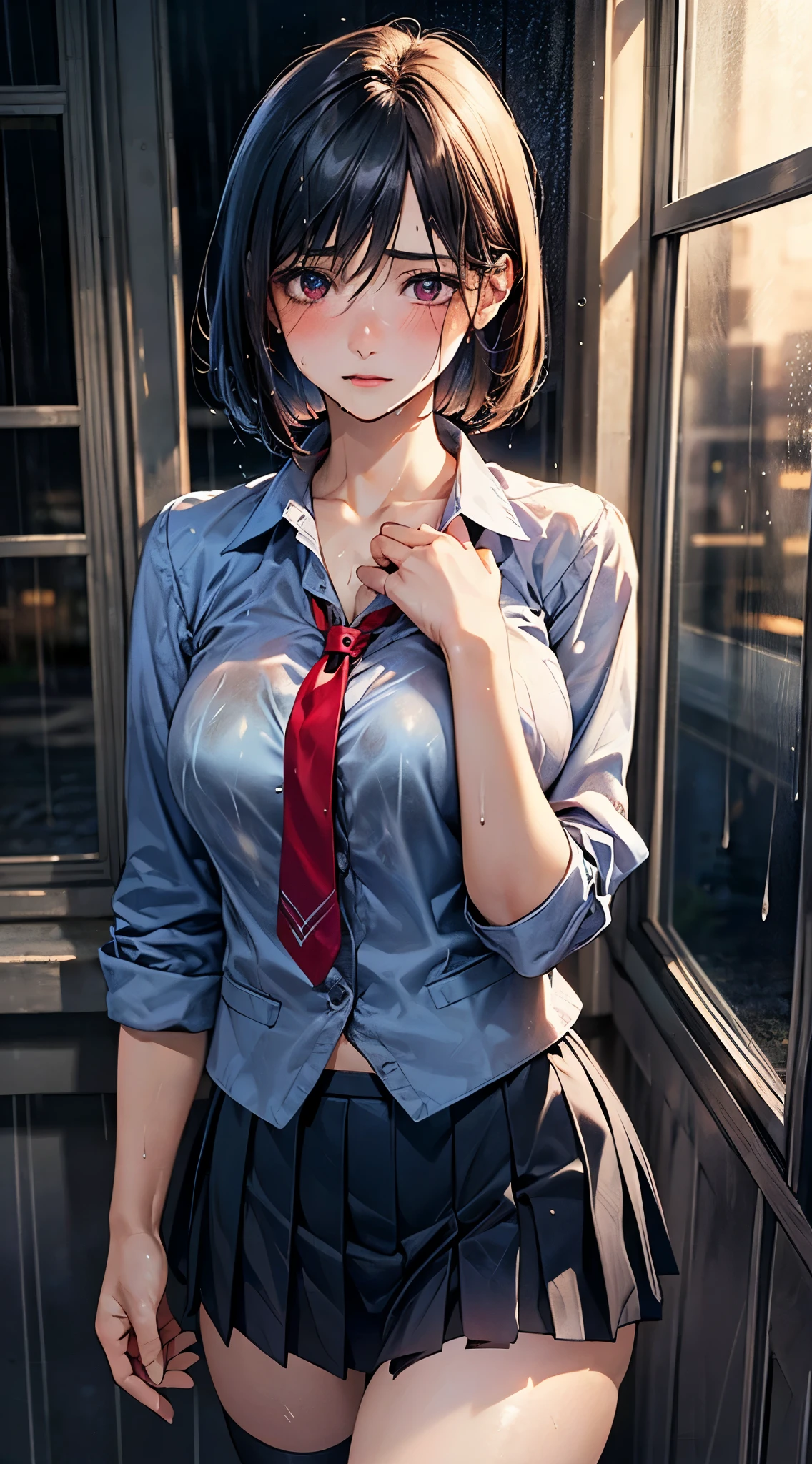 (masterpiece:1.2, top-quality), (realistic, photorealistic:1.4), beautiful illustration, (natural side lighting, movie lighting),
looking at viewer, cowboy shot, front view, 1 girl, japanese, high school girl, perfect face, cute and symmetrical face, shiny skin,
(short hair:1.2, bob cut:1.2, black hair), hairline, asymmetrical bangs, red eyes, long eyelasher, (large breasts:0.9, thick thighs),
beautiful hair, beautiful face, beautiful detailed eyes, beautiful clavicle, beautiful body, beautiful chest, beautiful thigh, beautiful legs, beautiful fingers,
((navy blazer, light blue collared shirts, navy pleated mini skirt, socks, red ribbon tie)), pink panties,
(beautiful scenery), (((evening), rain:1.8, rainy, wet body)), cityscape, curtains, walking, hands on chest, (tearful, upper eyes),